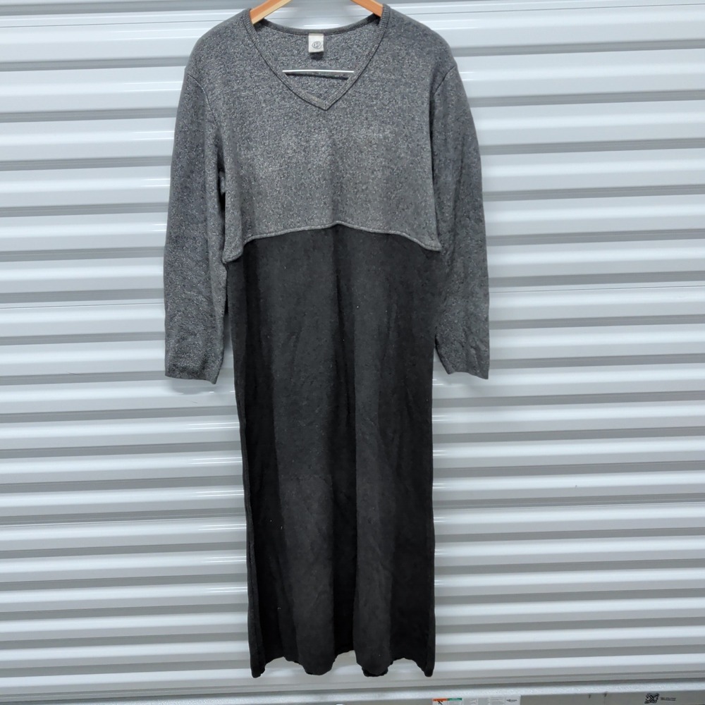 River Road Womens Sweater Dress Large Cotton Gray Colorblock Vintage V-Neck Maxi